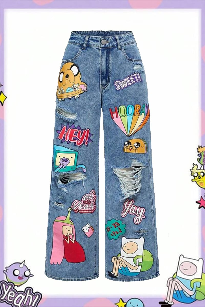Mavi Adventure Time Finn ve Jake Harajuku Y2K Baggy Pantolon