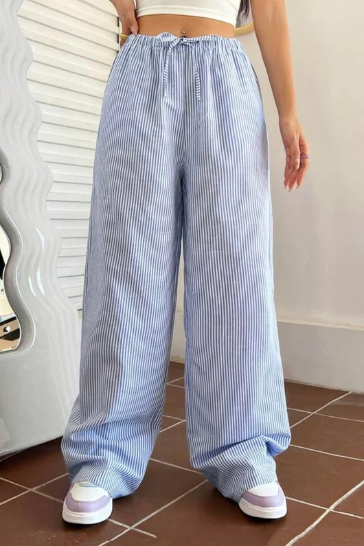 Mavi Çizgili Beli Lastikli Y2K Bol Paça Pantolon