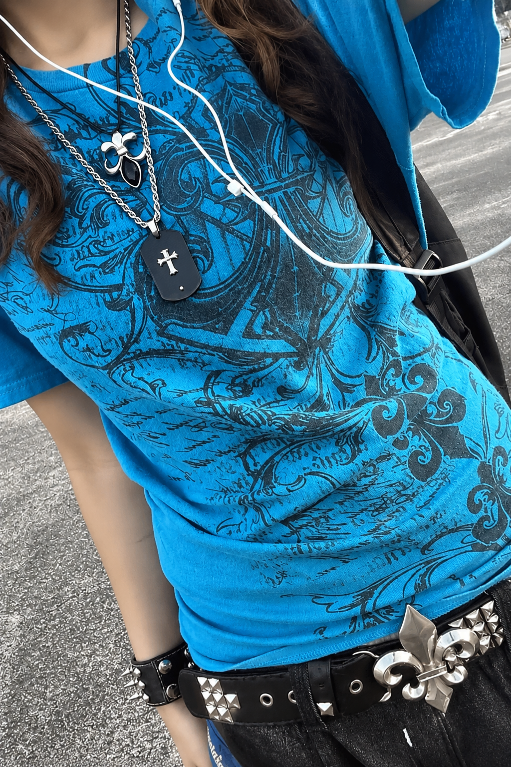 Mavi Fleur-De-Lis Gotik Y2K Kısa Kollu Crop