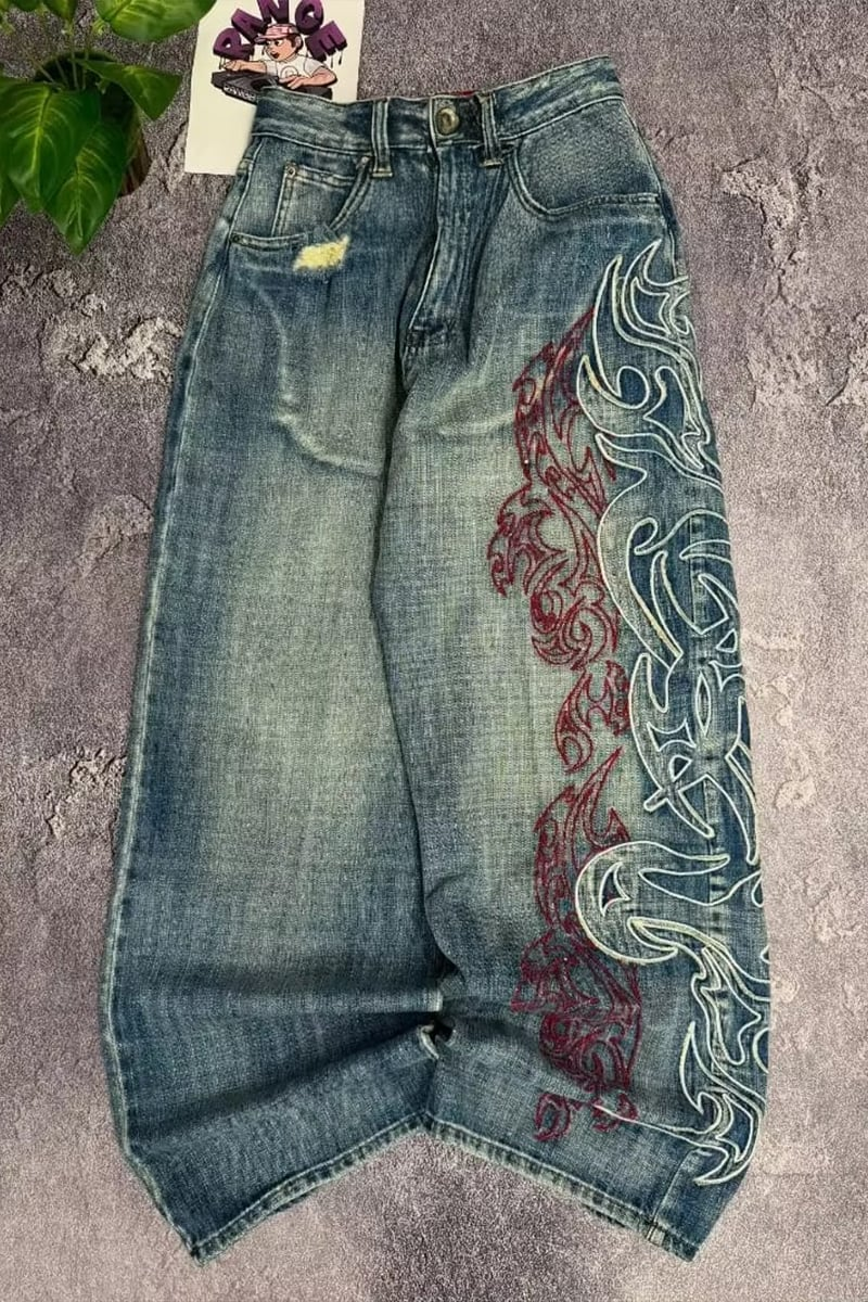 Mavi Taşlamalı Vintage Tribal Baskılı Grunge Baggy Unisex Pantolon