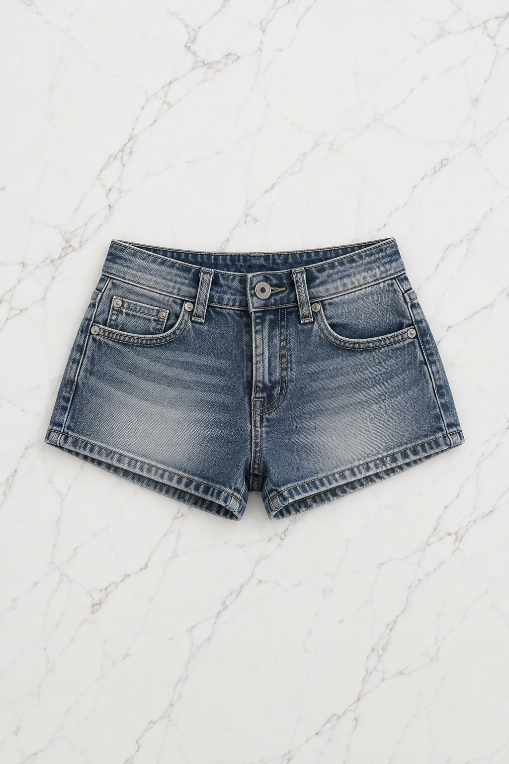 Mavi Yıkamalı Taşlı Skull Wings Grunge Y2K Kot Mini Şort