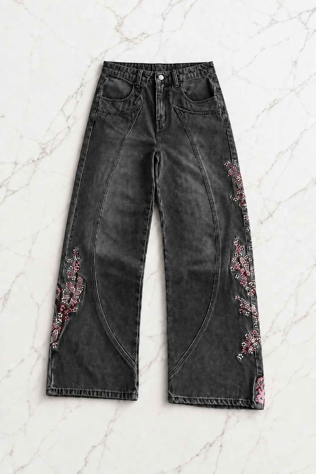 Midnight Blossom Nakışlı Wide Leg Jean