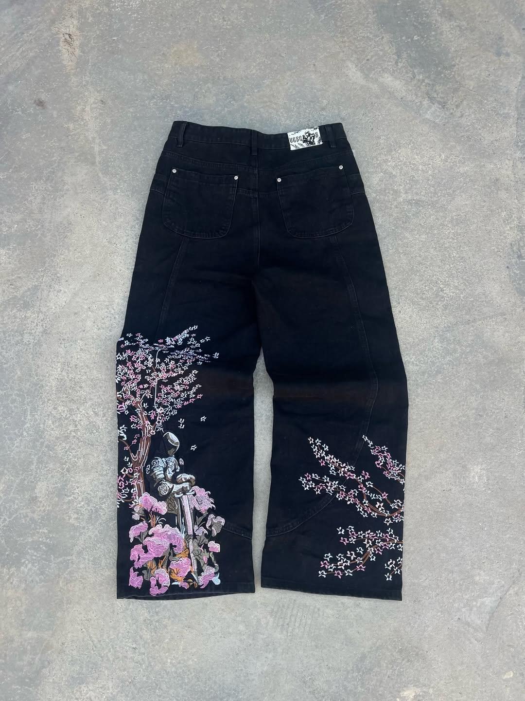 Midnight Blossom Nakışlı Wide Leg Jean