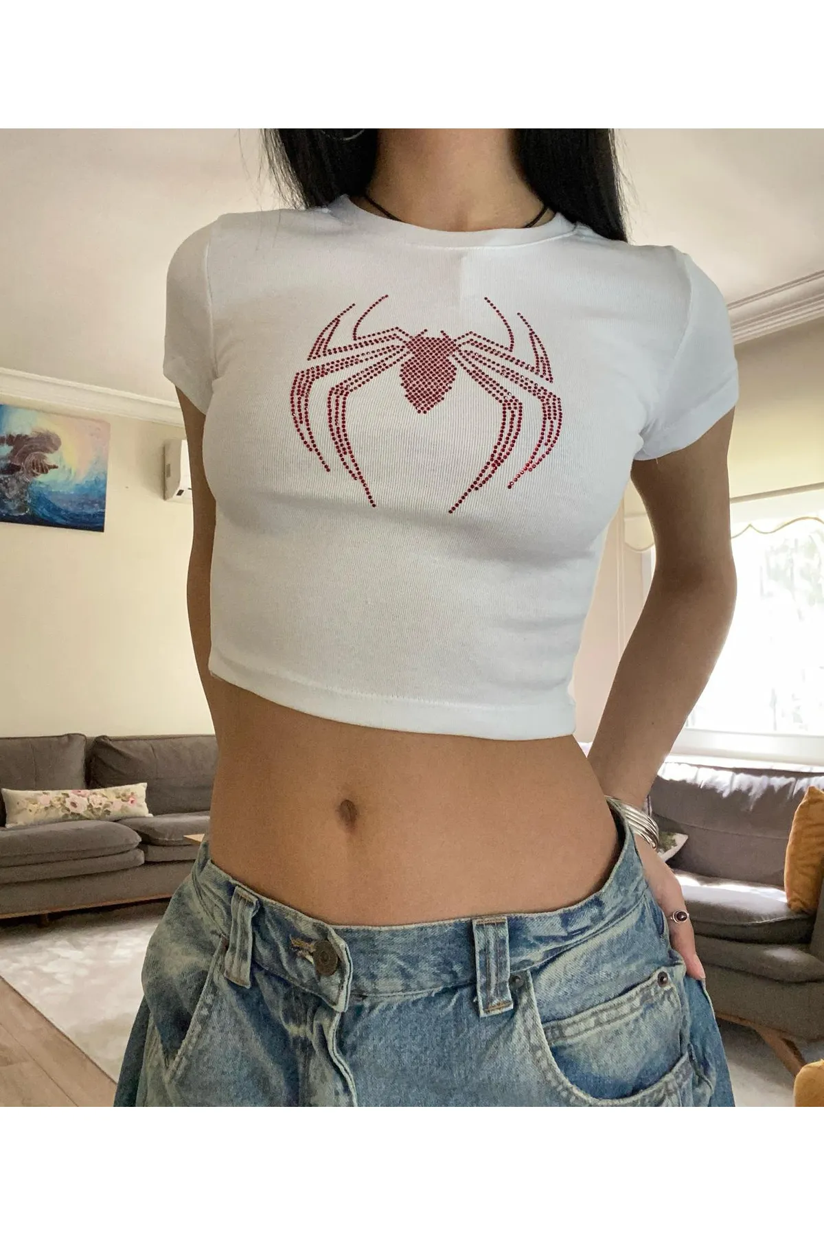 Örümcek Kırmızı Taş Baskılı Crop