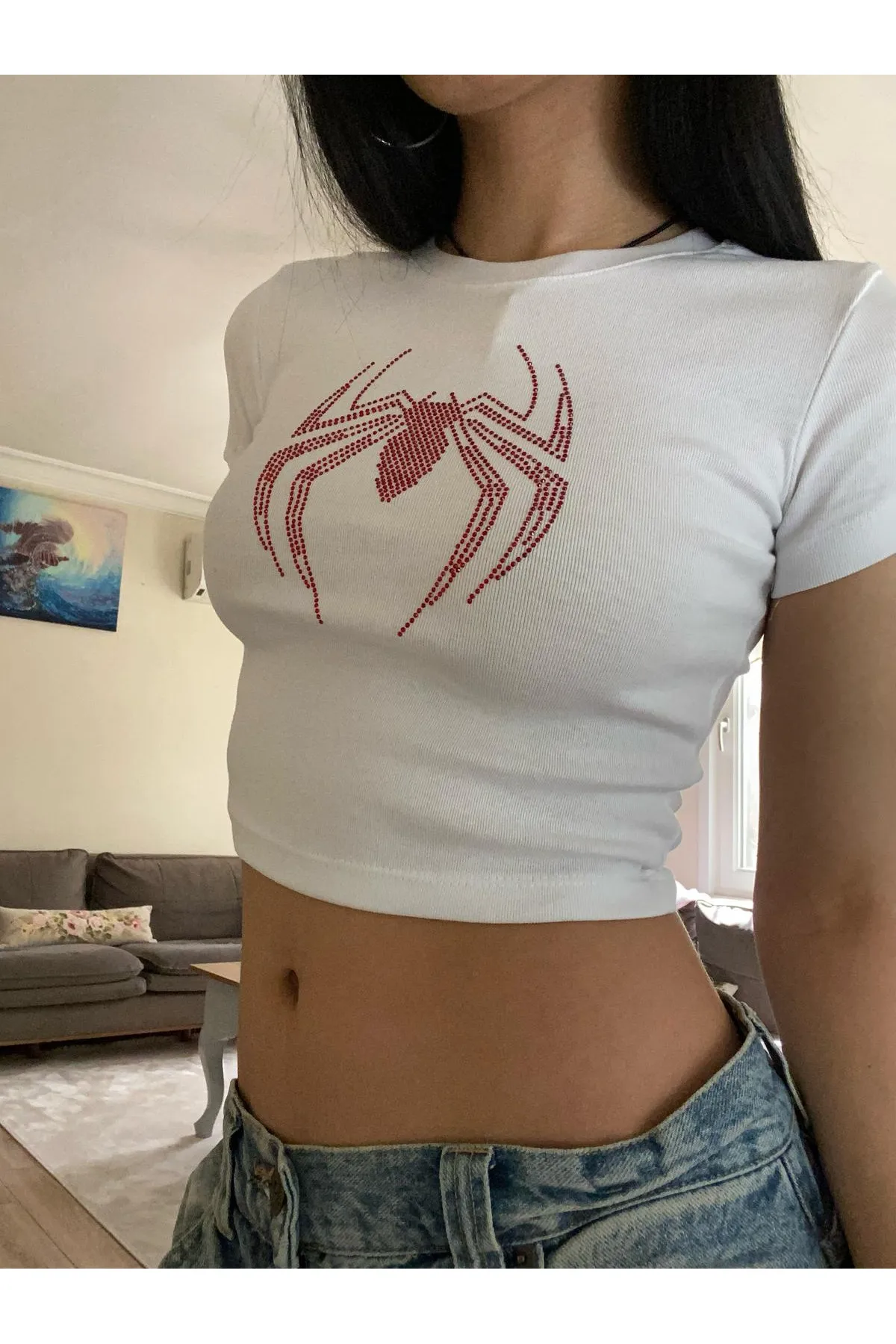 Örümcek Kırmızı Taş Baskılı Crop