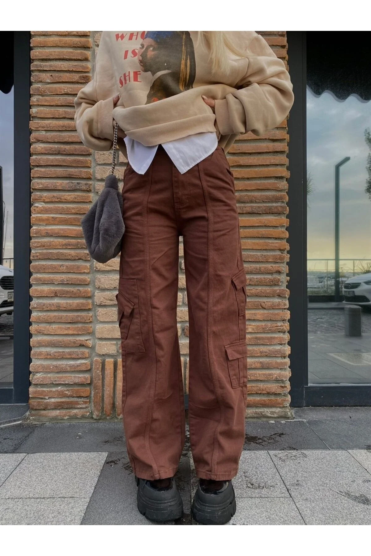 Outlet Kahverengi Lastikli Bel Kargo Pantolon