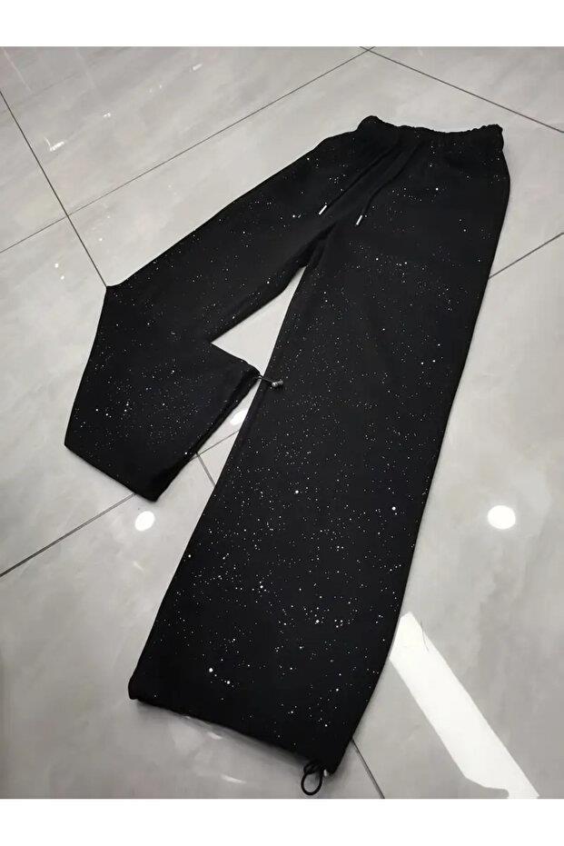 Parlak Taş Detail Siyah Baggy Eşofman Altı