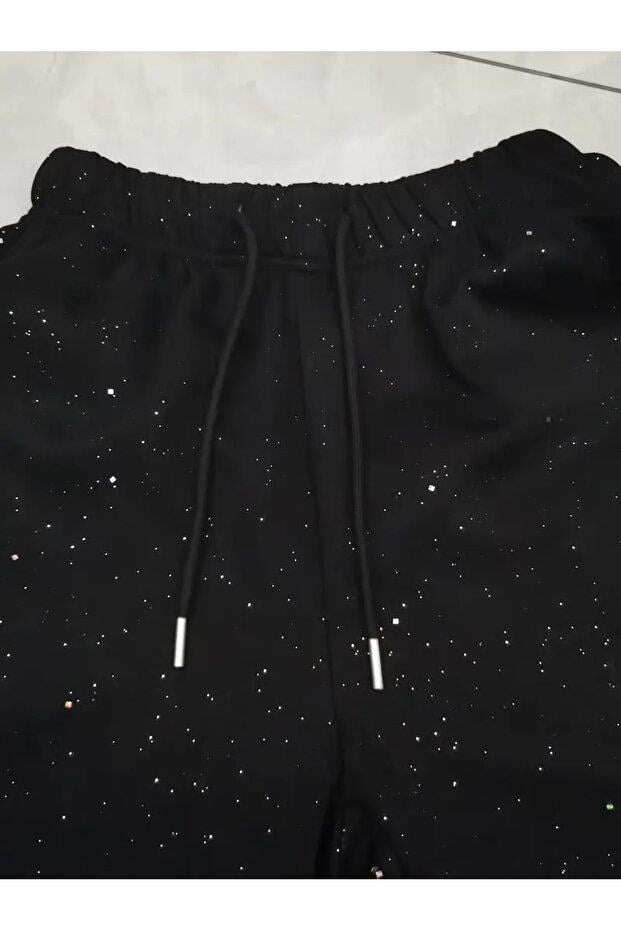 Parlak Taş Detail Siyah Baggy Eşofman Altı