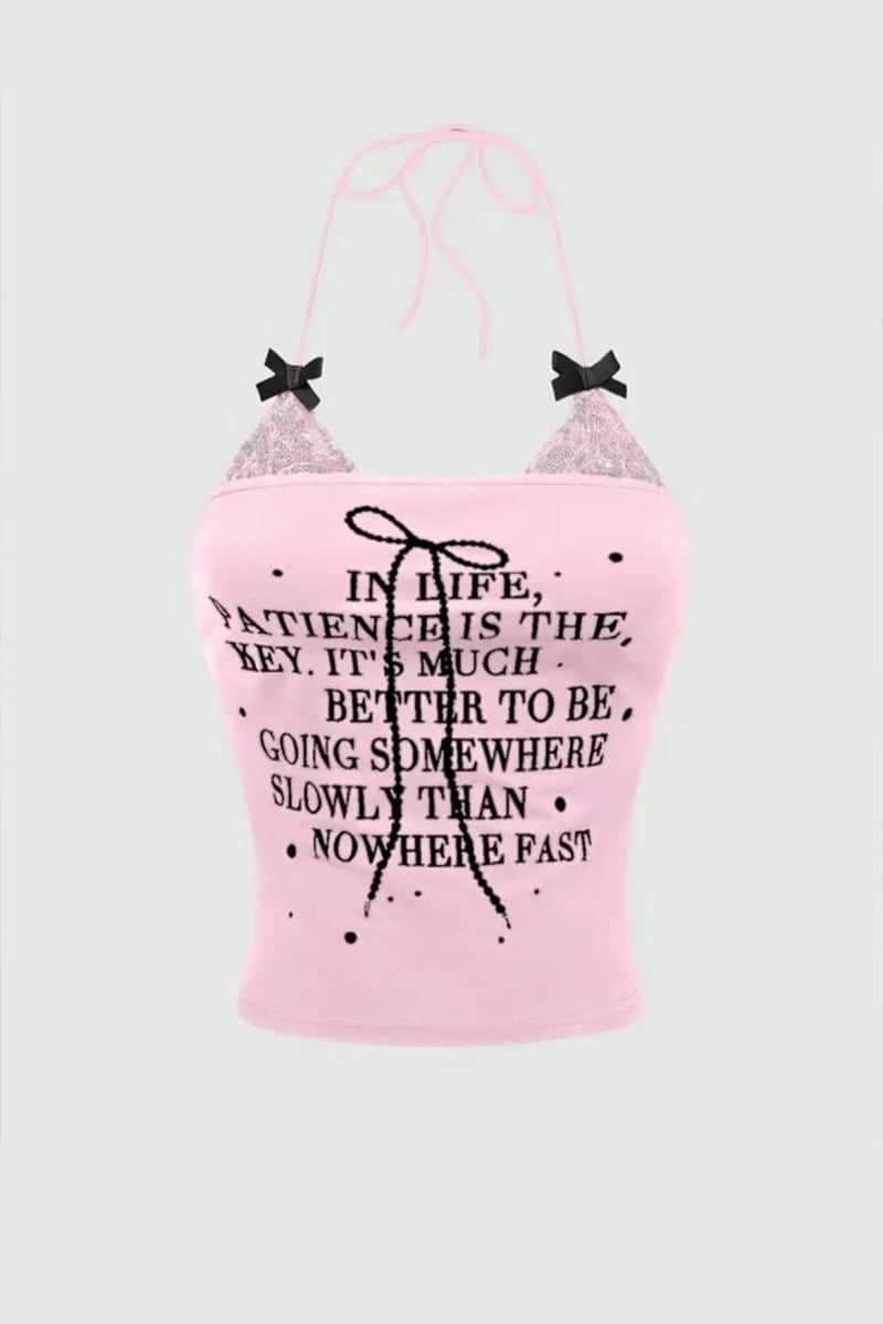 Pembe Dantel Detaylı Siyah Fiyonklu İn Life Y2K Askılı Crop
