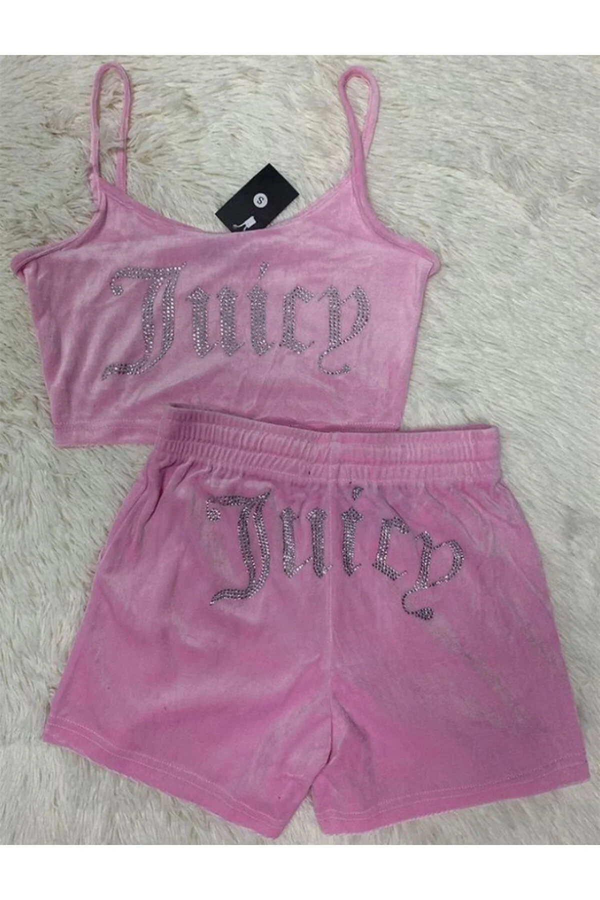 Pembe Juicy Taşlı Alt Üst Şort Takım