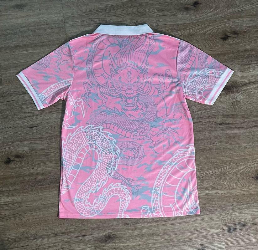 Pembe Kitty Madrid Dragon Jersey Beyaz Düğmeli Yaka T-shirt