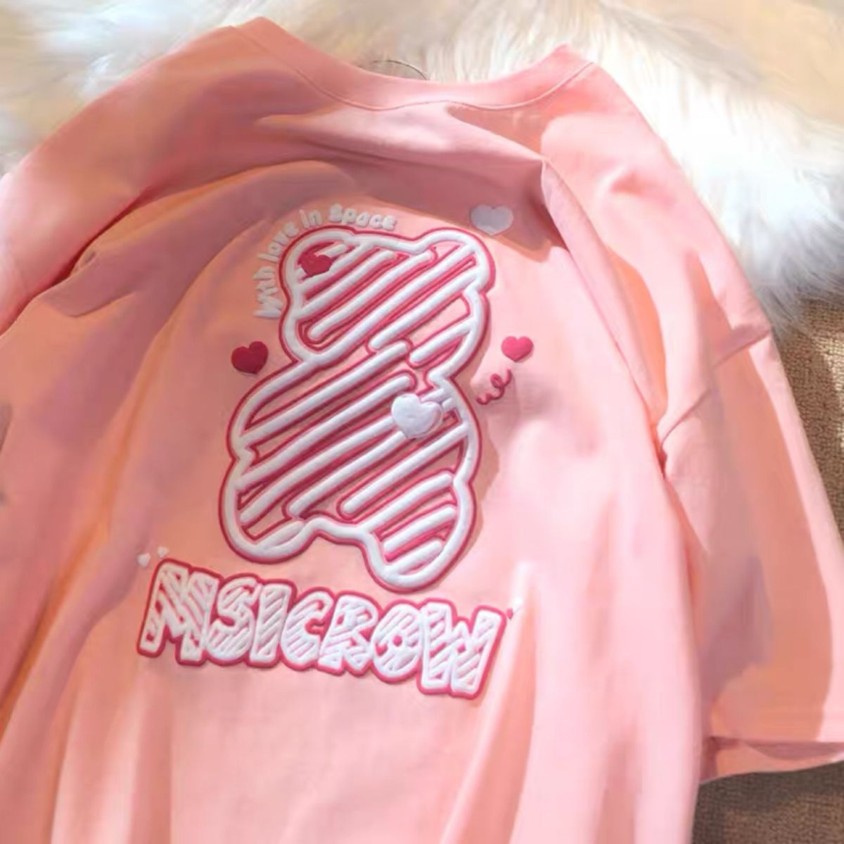 Pembe Love Bear Baskılı Kısa Kol Oversize T-Shirt