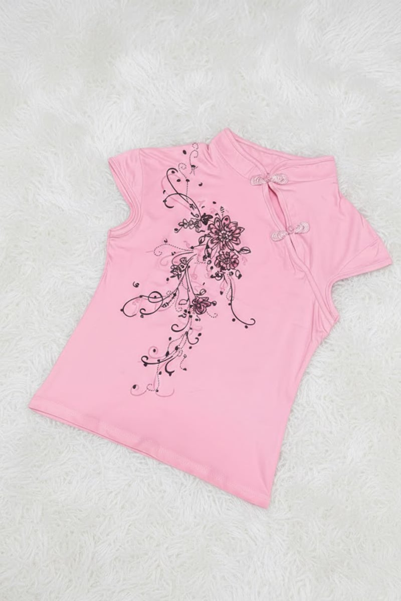 Pembe Mandarin Yaka Çiçekli Qipao Vintage Y2K Kısa Kollu Crop