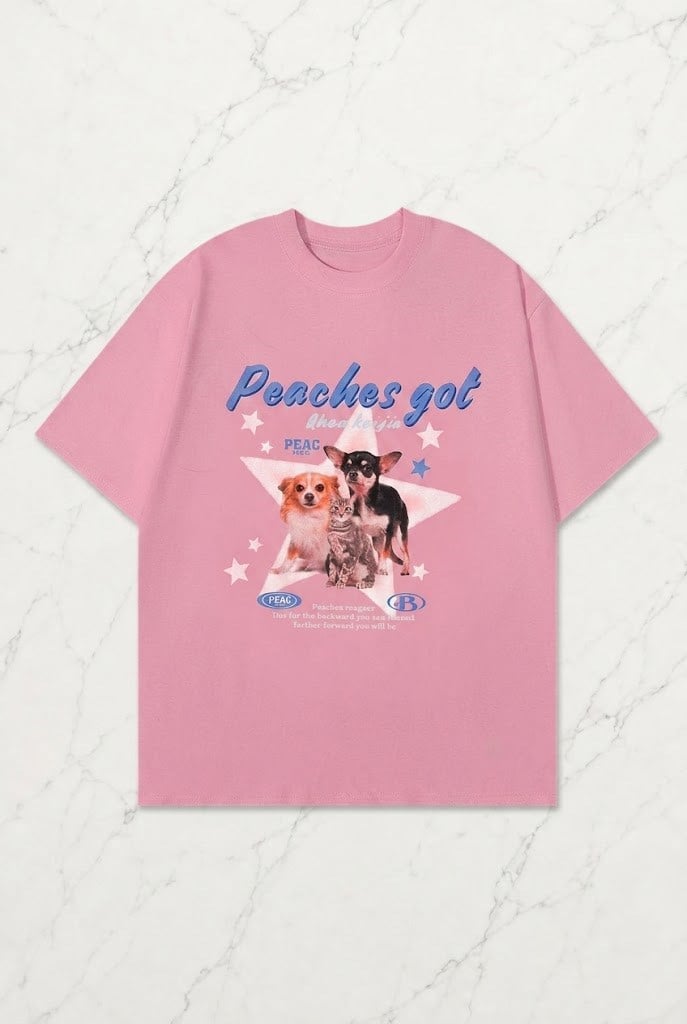 Pembe Peaches Got Baskılı Kısa Kol Oversize T-Shirt