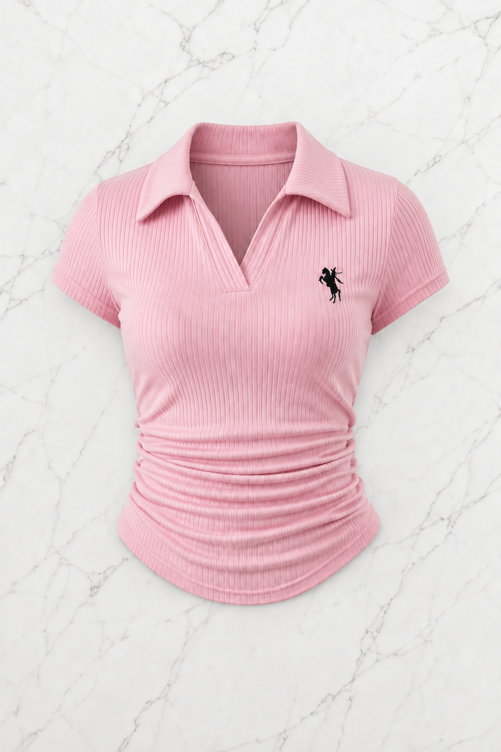 Pembe Polo Yaka Fitilli Likralı Bluz