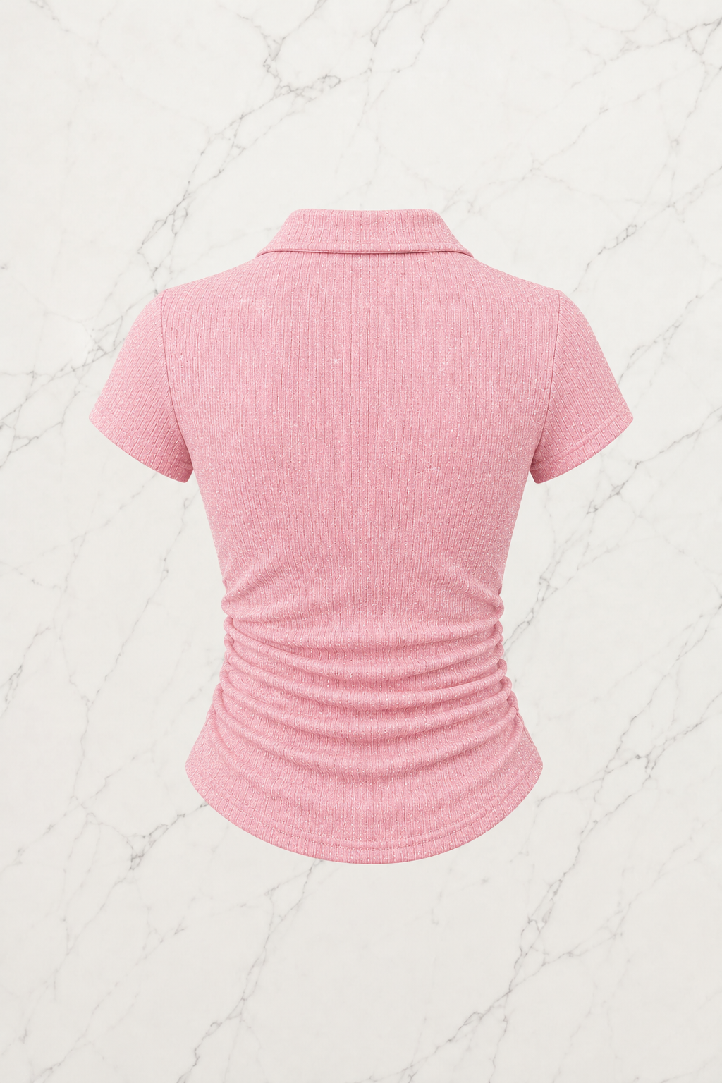 Pembe Simli Polo Yaka Büzgülü Bluz
