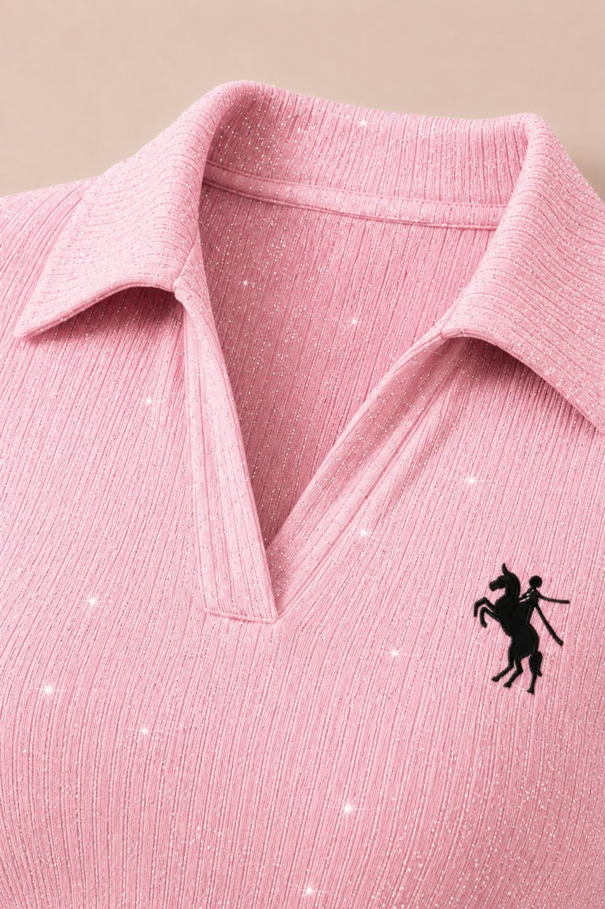 Pembe Simli Polo Yaka Büzgülü Bluz