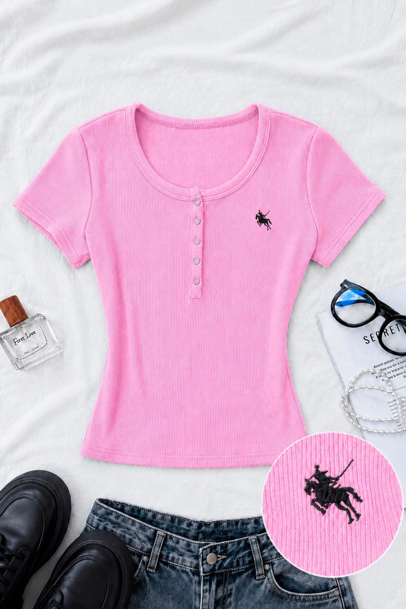 Pembe Soft Detaylı Nakışlı Çıtçıtlı Bluz