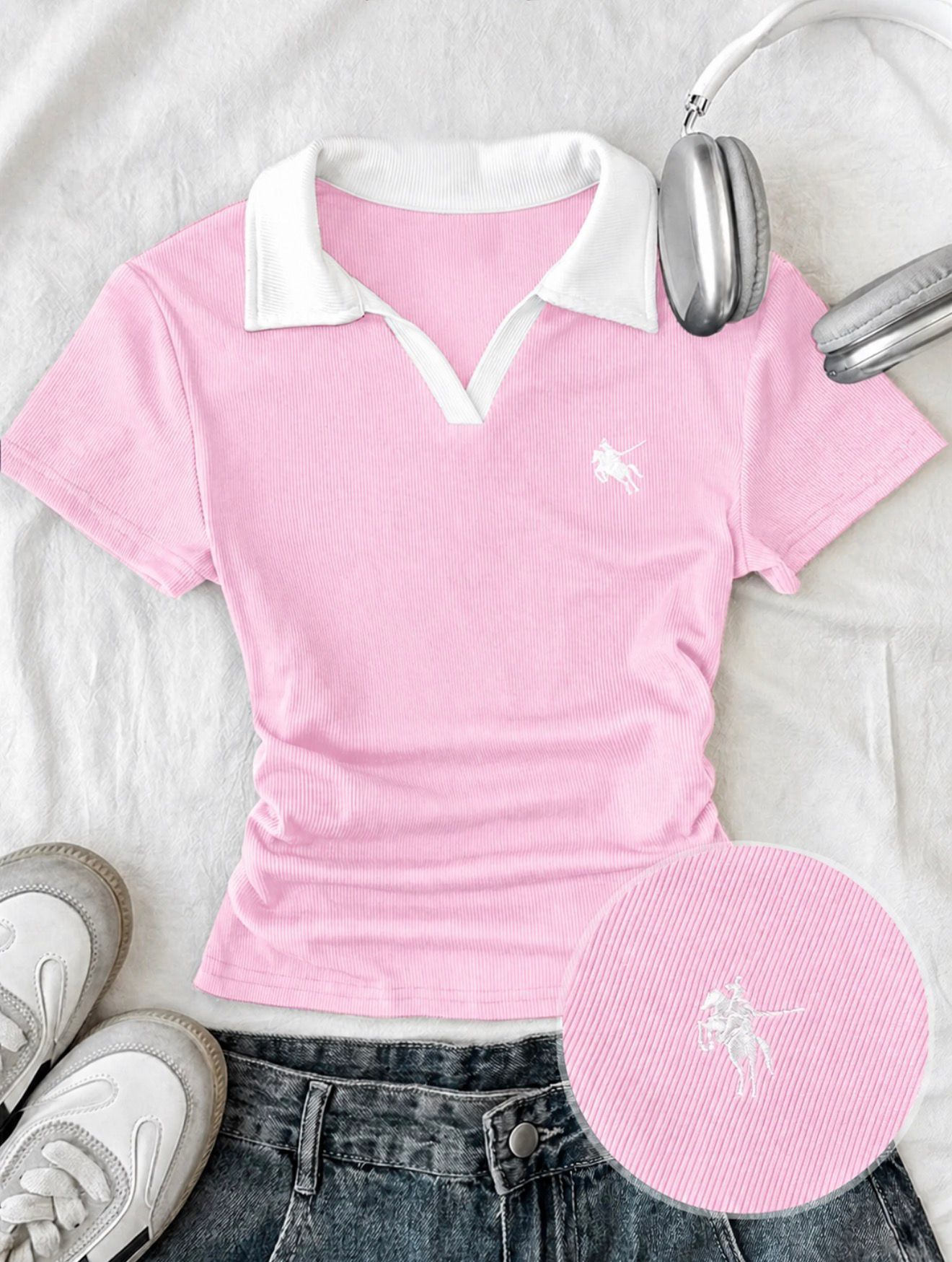 Pembe Solo Polo Yaka Beyaz Yakalı Bluz