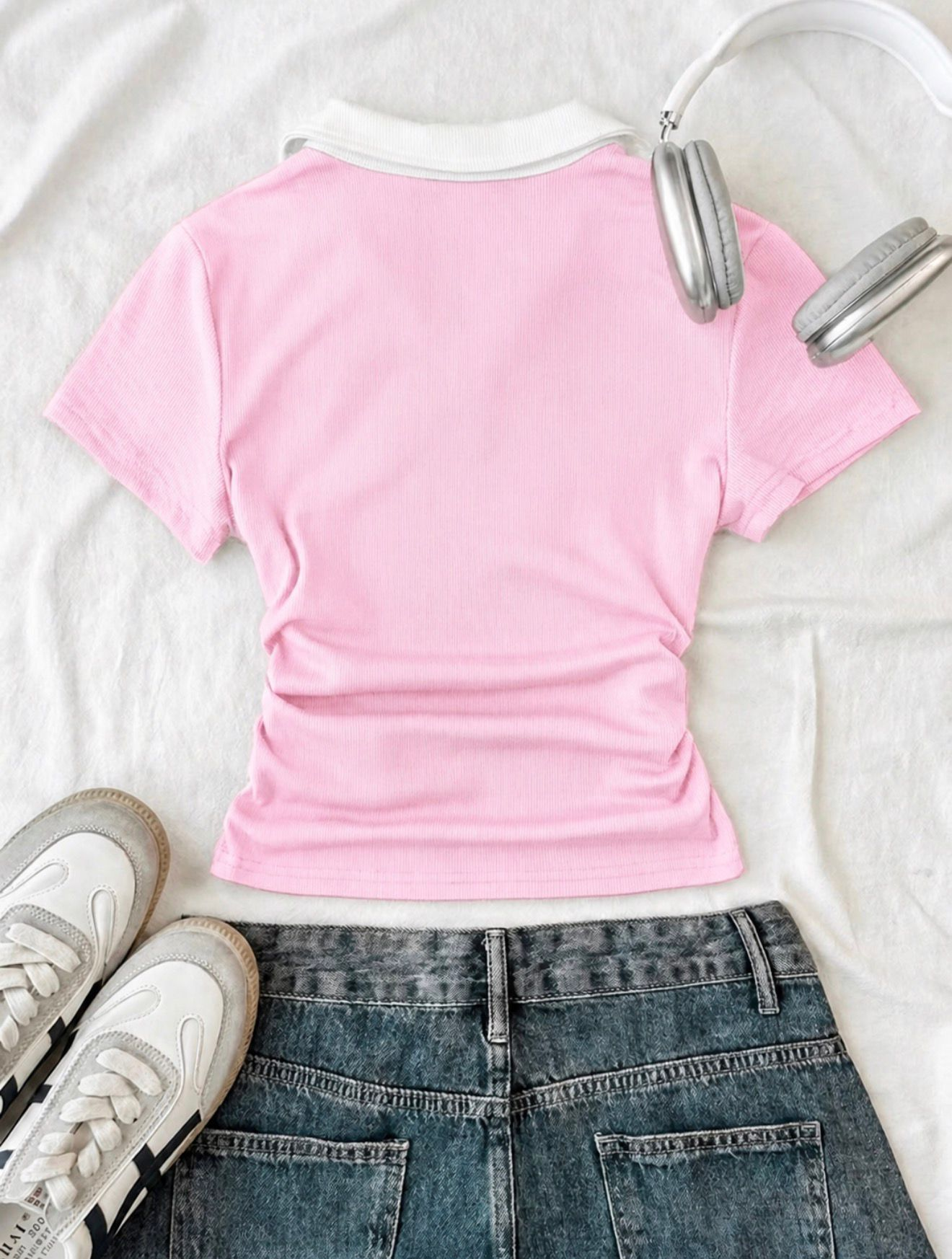 Pembe Solo Polo Yaka Beyaz Yakalı Bluz