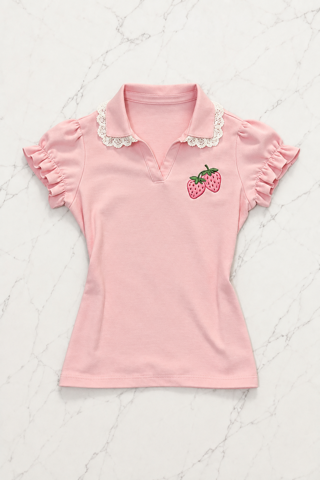Pembe Strawberry Dantel Yaka Detaylı Y2K Kısa Kollu Crop