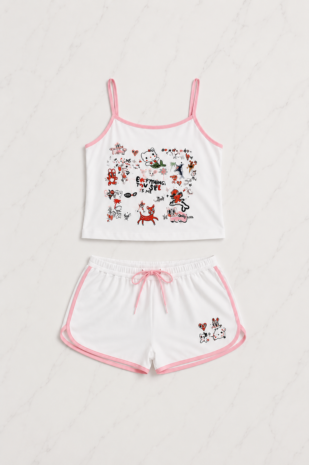 Pembe Sweet Cherry Askılı Şort Takım
