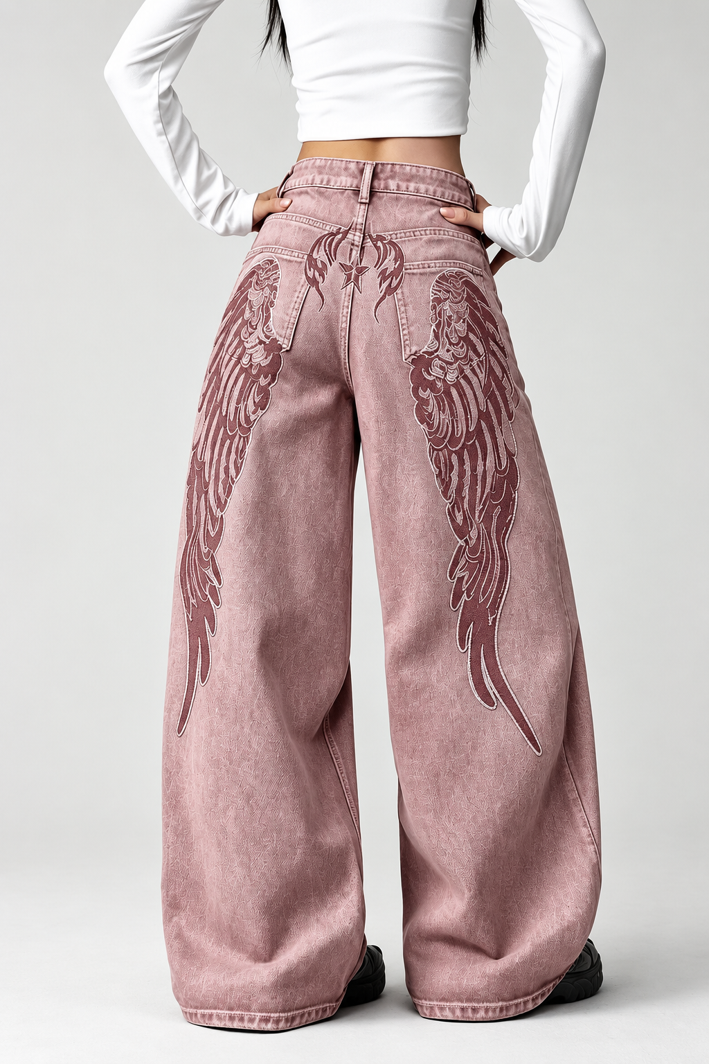 Pembe Yıkamalı Melek Kanatlı Harajuku Y2K Unisex Baggy Pantolon