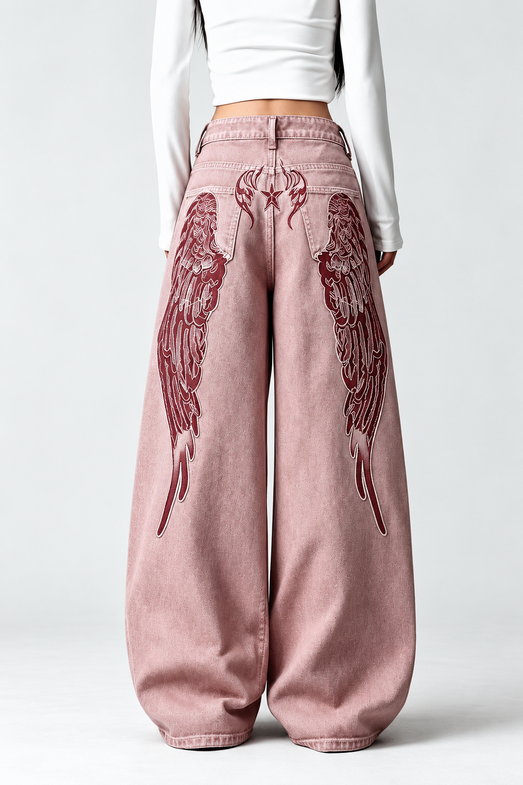 Pembe Yıkamalı Melek Kanatlı Harajuku Y2K Unisex Baggy Pantolon