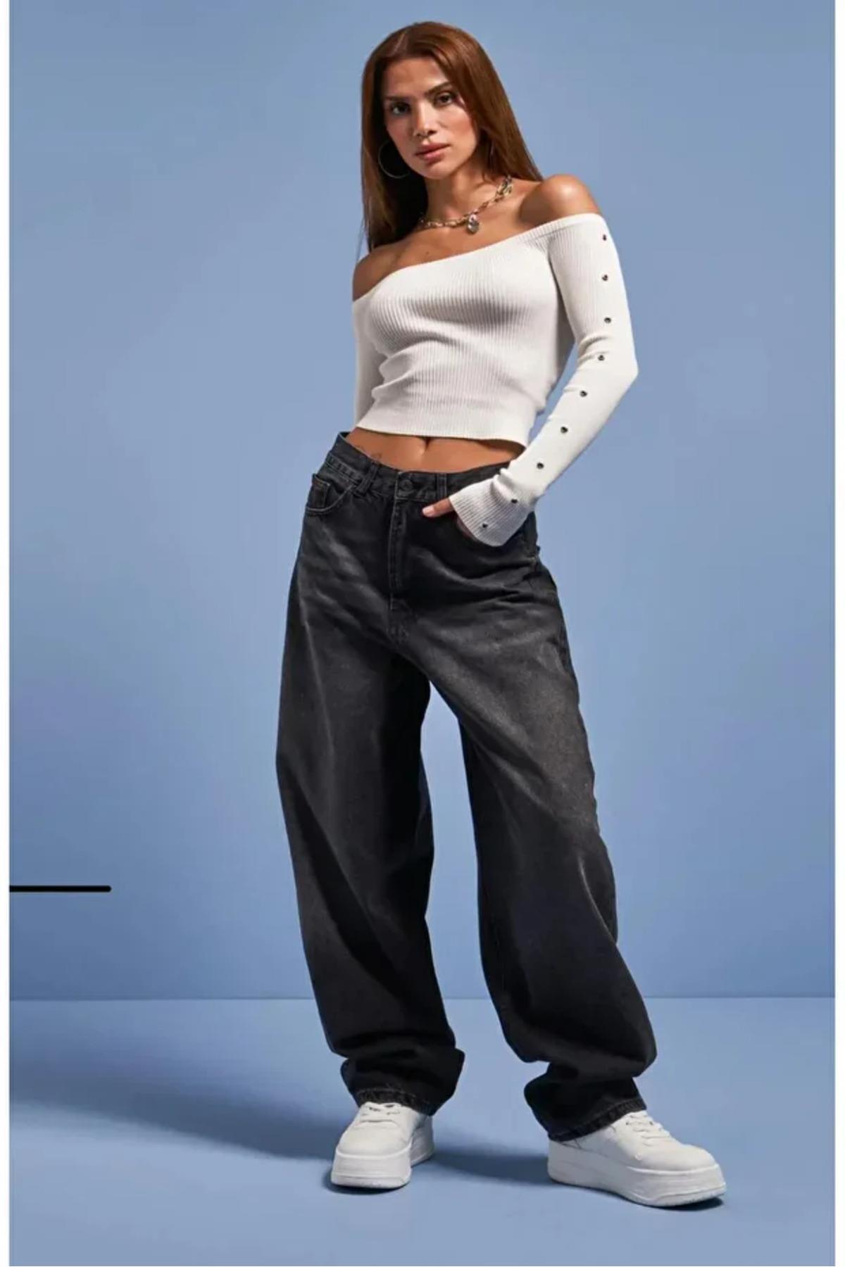 Pofidi Vintage Siyah Yıkamalı Baggy Jeans Pantolon