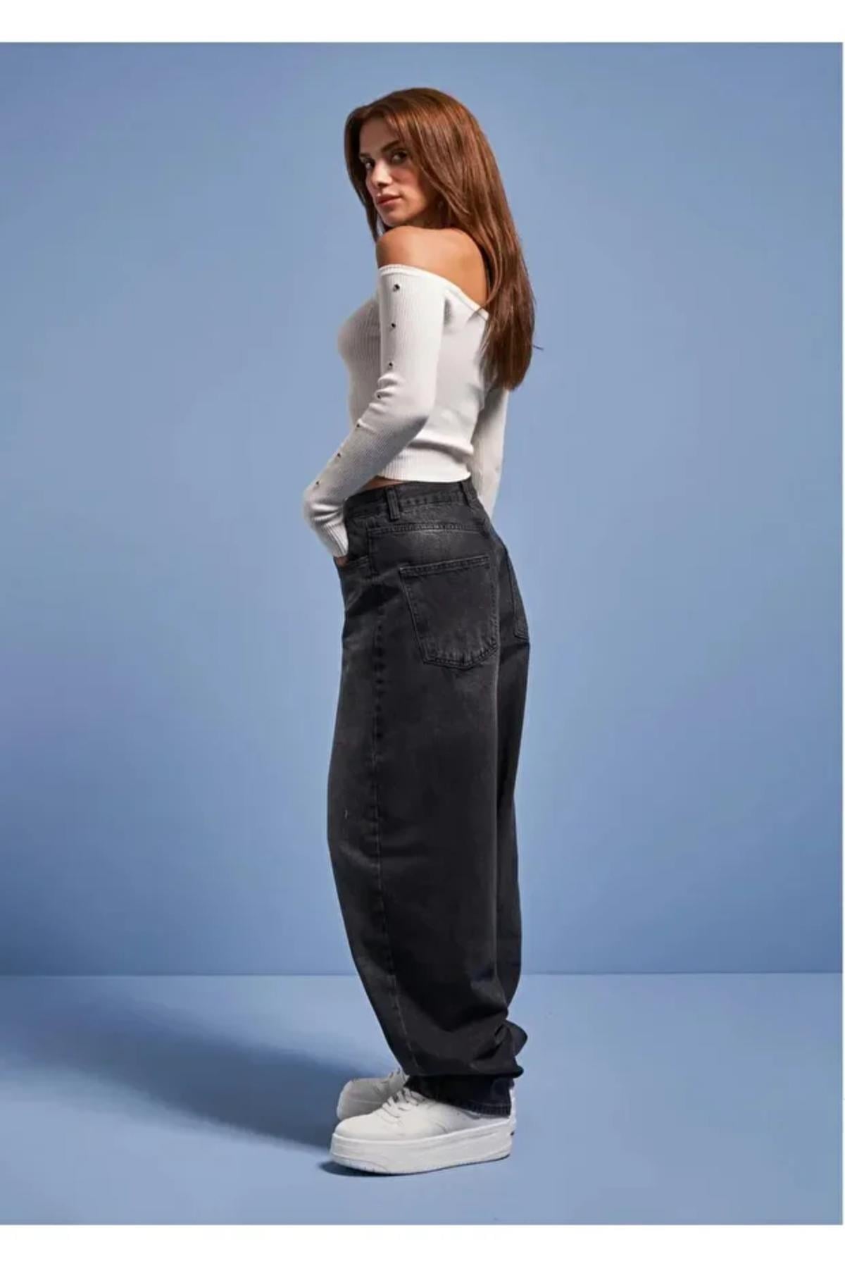 Pofidi Vintage Siyah Yıkamalı Baggy Jeans Pantolon