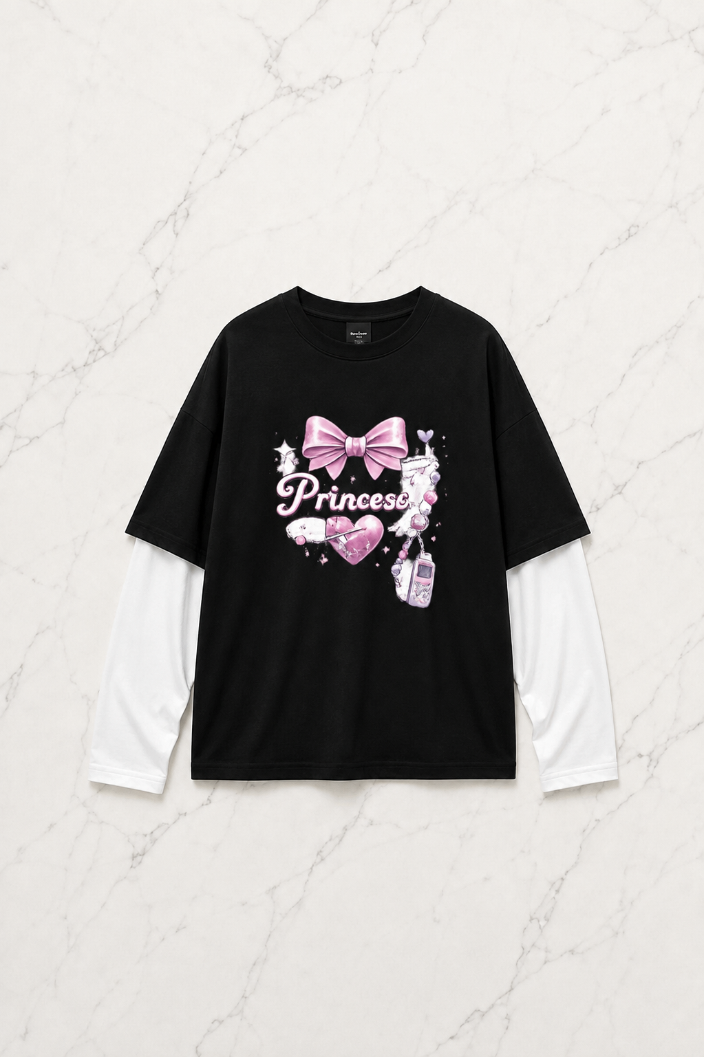 Princess Baskılı Siyah Reglan Kol Uzun T-shirt