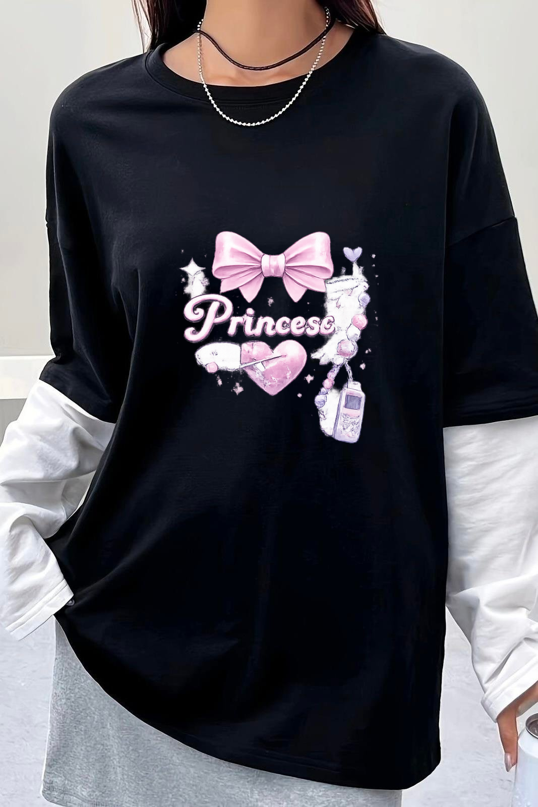 Princess Baskılı Siyah Reglan Kol Uzun T-shirt