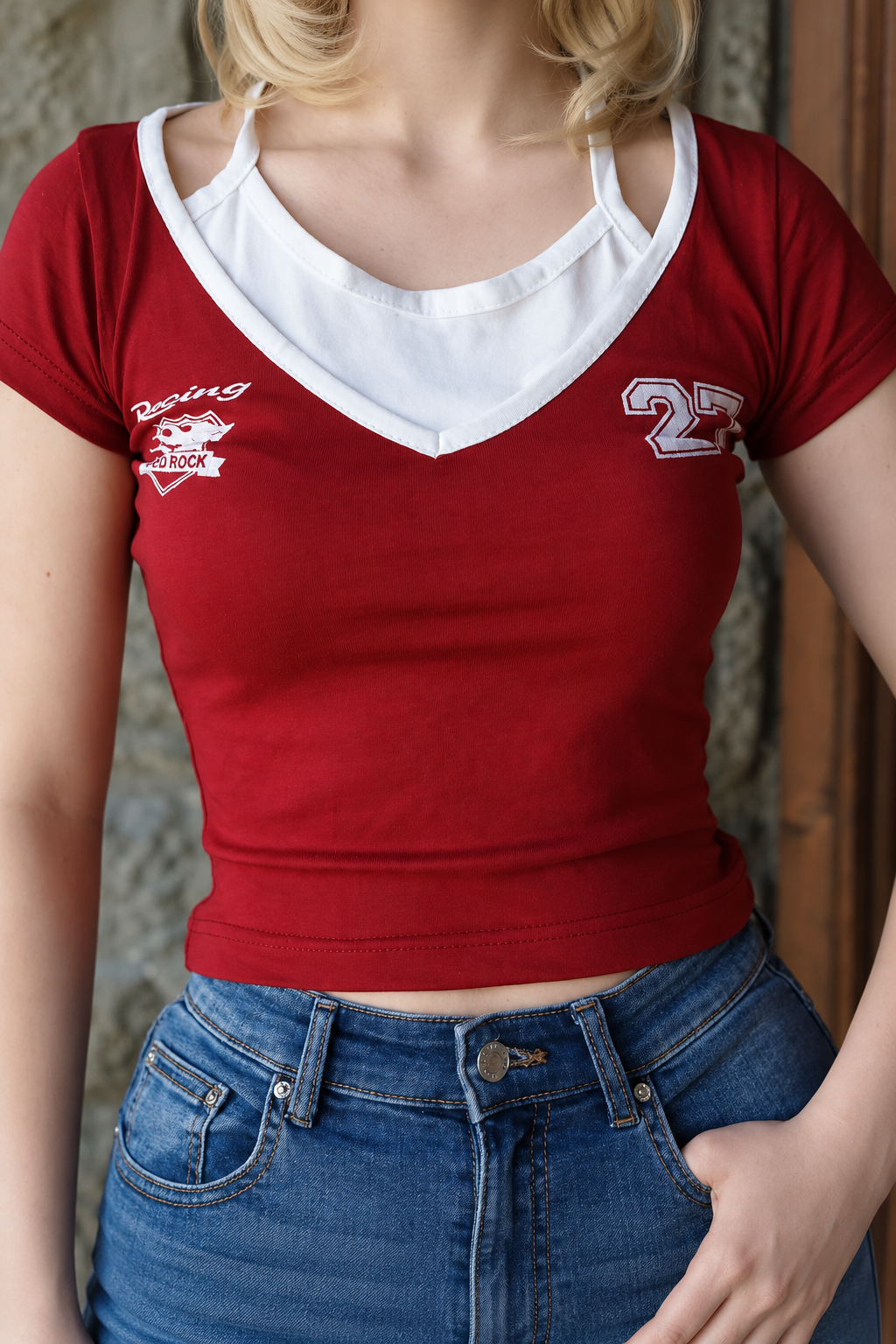 Retro 23 Kırmızı V Yaka Crop T-Shirt
