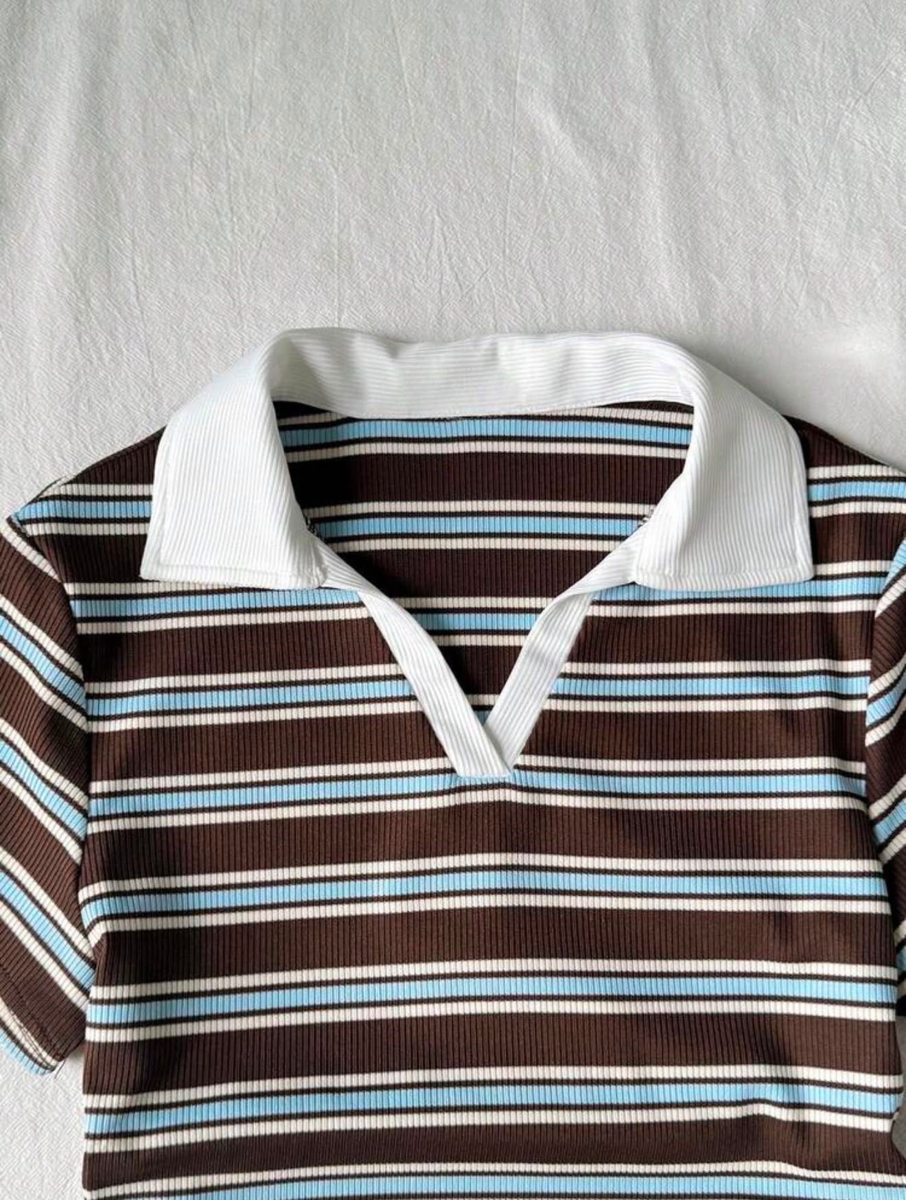 Retro Çizgili Solo Polo Yaka Kadın Bluz