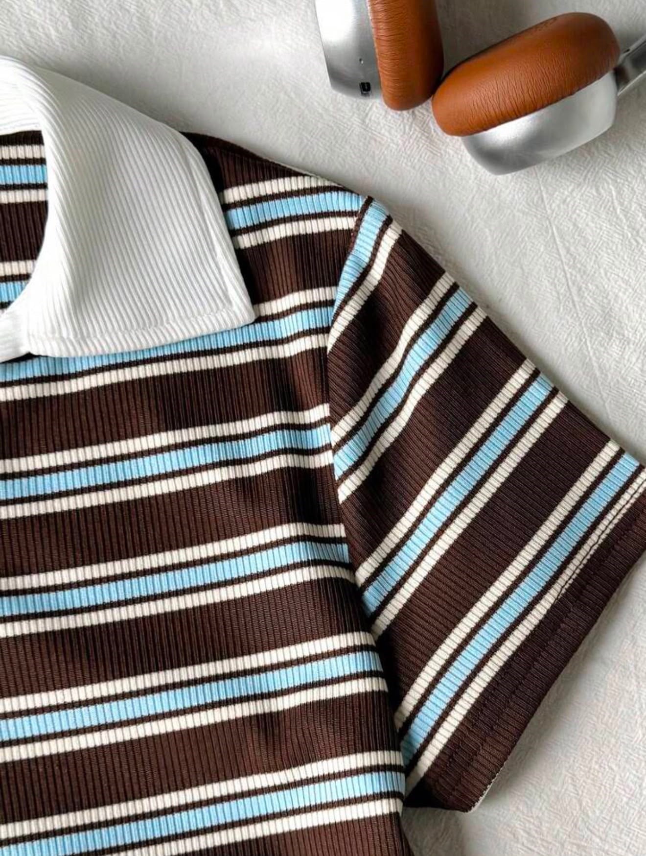 Retro Çizgili Solo Polo Yaka Kadın Bluz