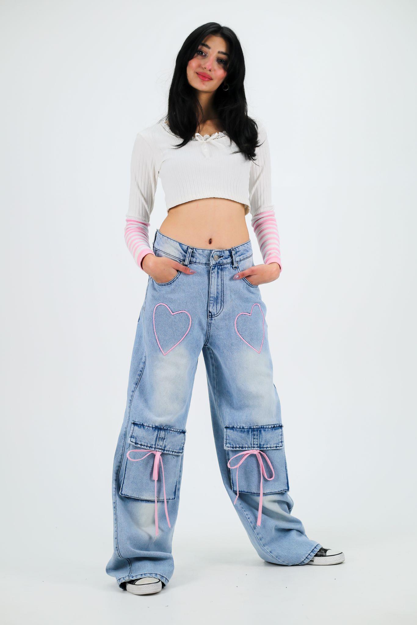 Ribbon Cargo Pocket Kar Yıkamalı Baggy Pantolon