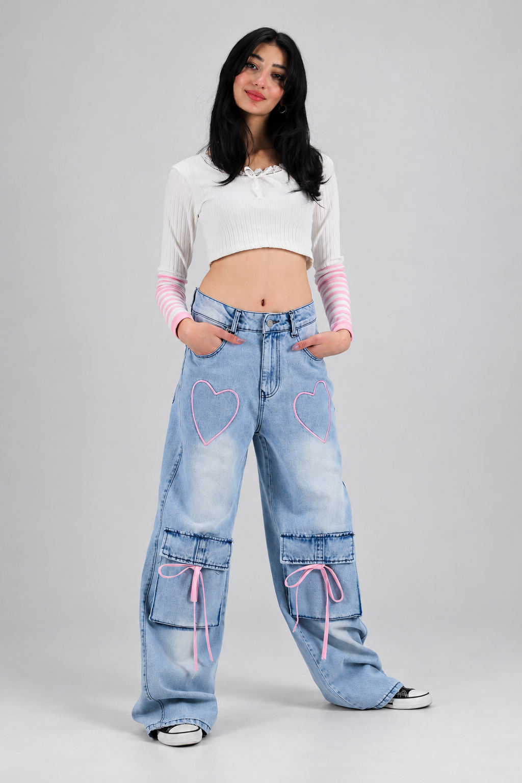 Ribbon Cargo Pocket Kar Yıkamalı Baggy Pantolon