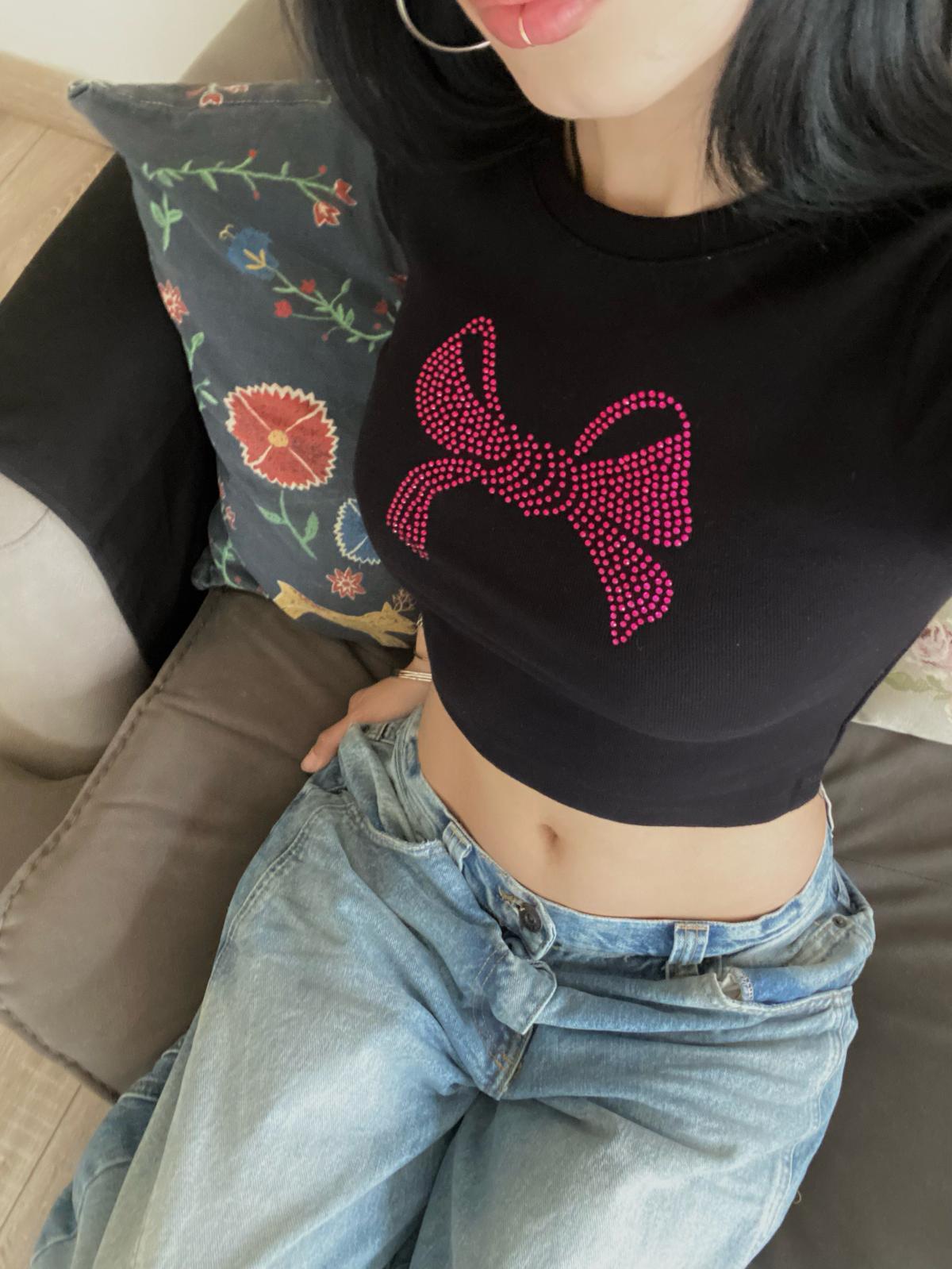 Ribbon Pembe Taş Baskılı Crop