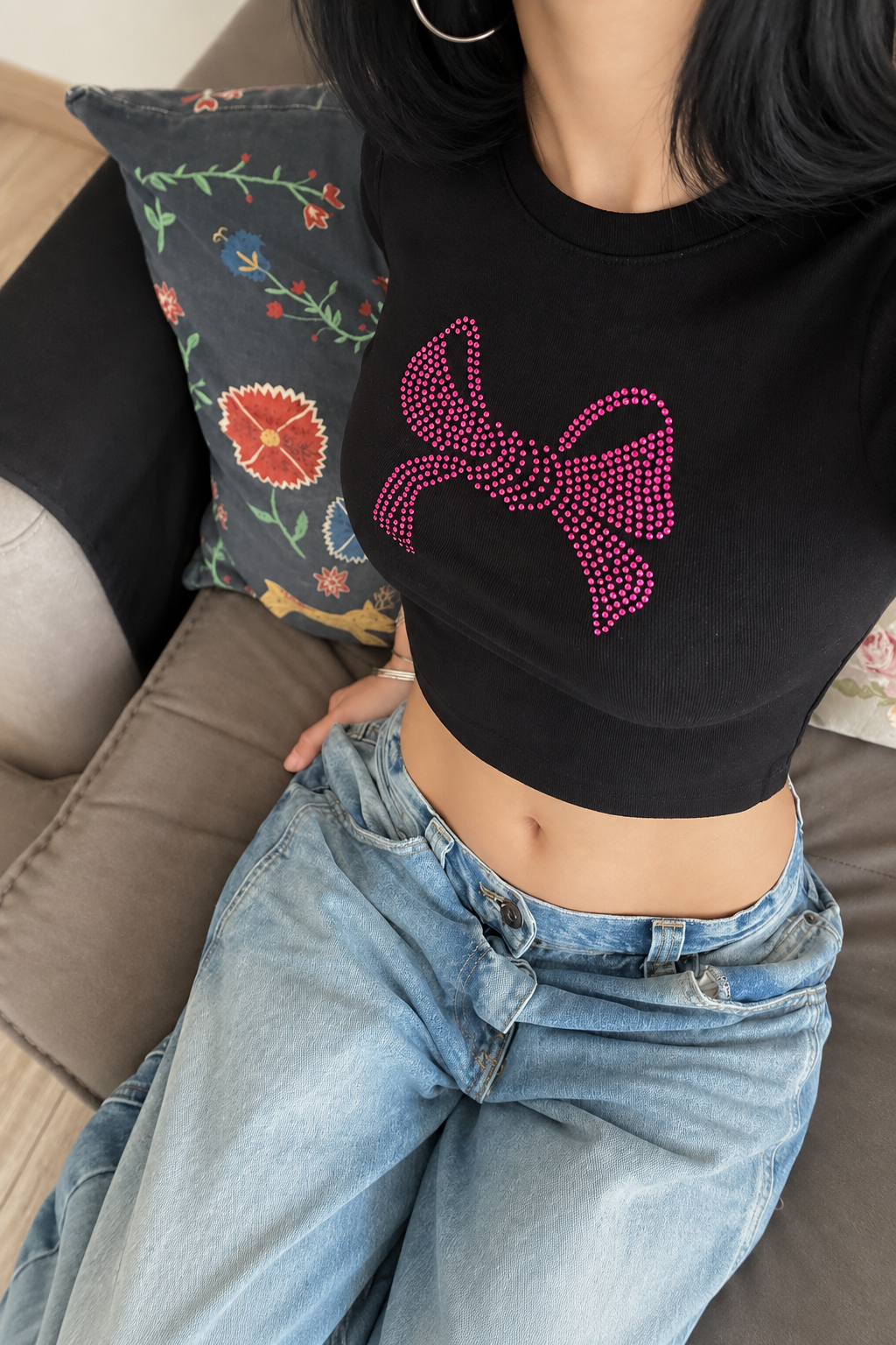 Ribbon Pembe Taş Baskılı Crop