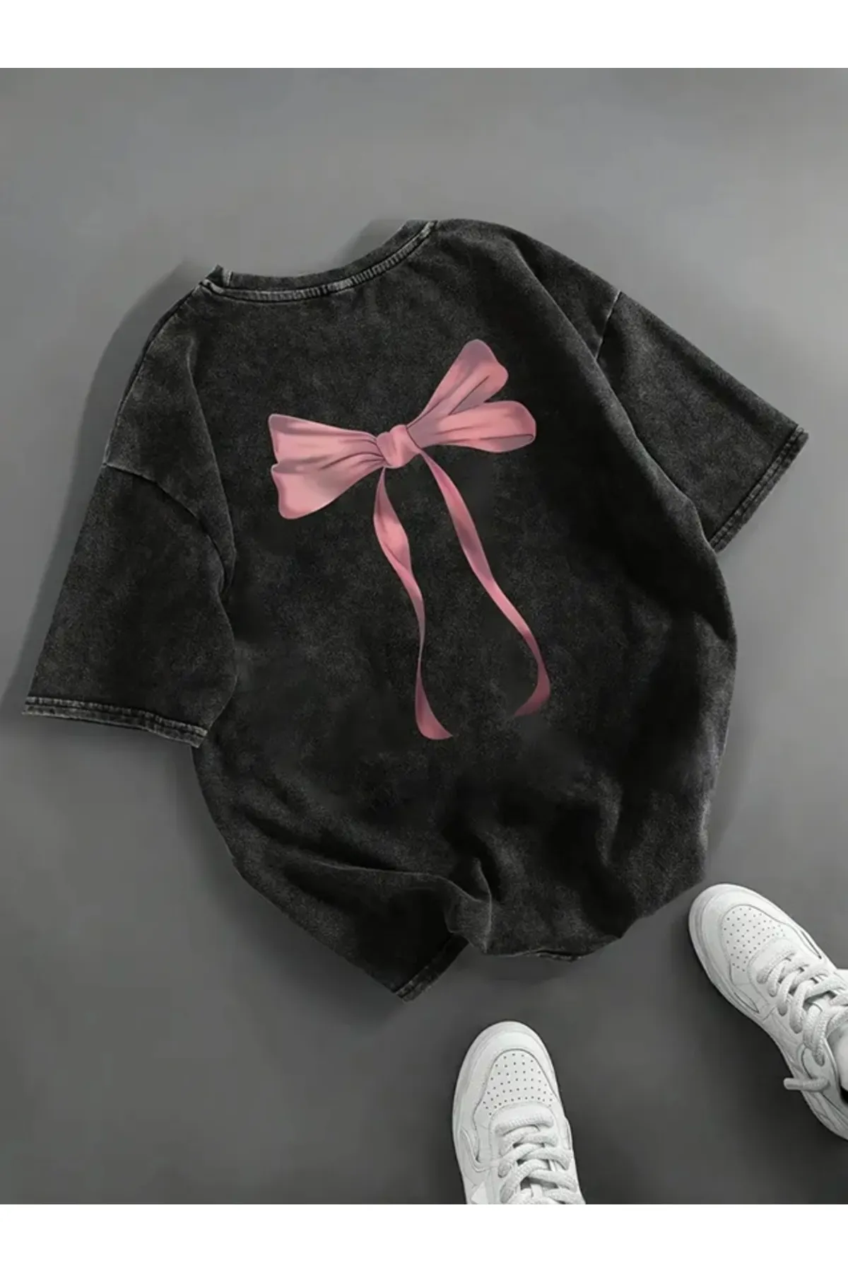Sırt Baskılı Fiyonk Yıkamalı Oversize Vintage Tshirt