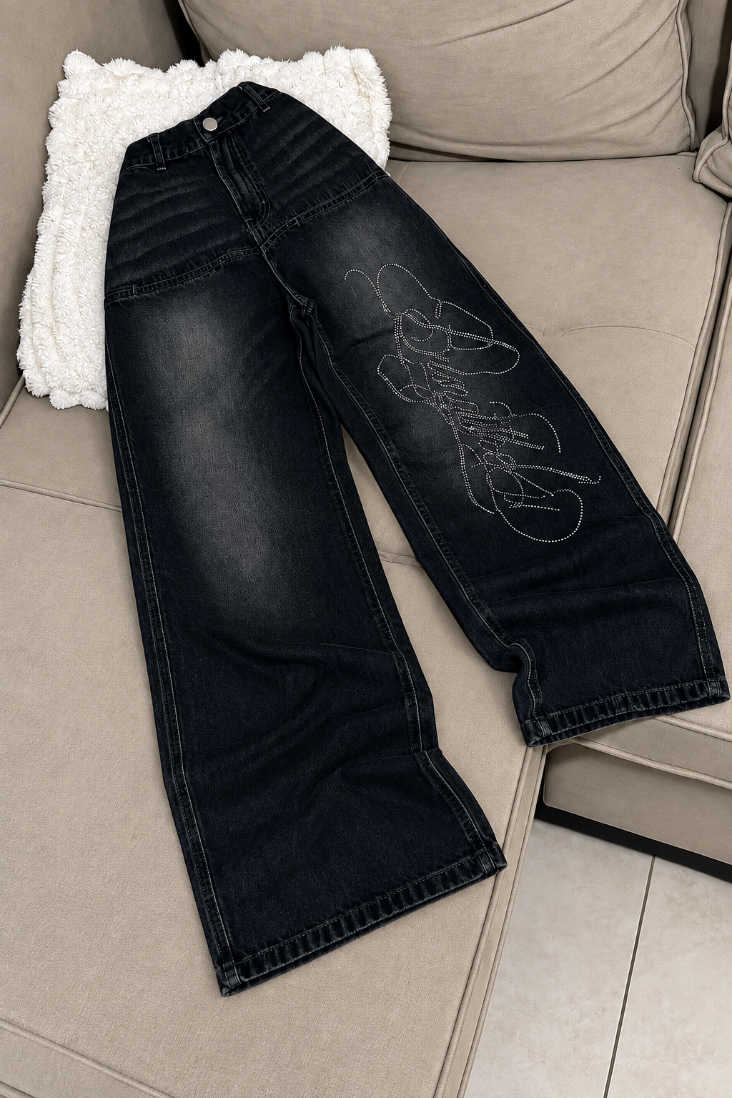 Siyah Angel Baby Parlak Taşlı Baggy Pantolon