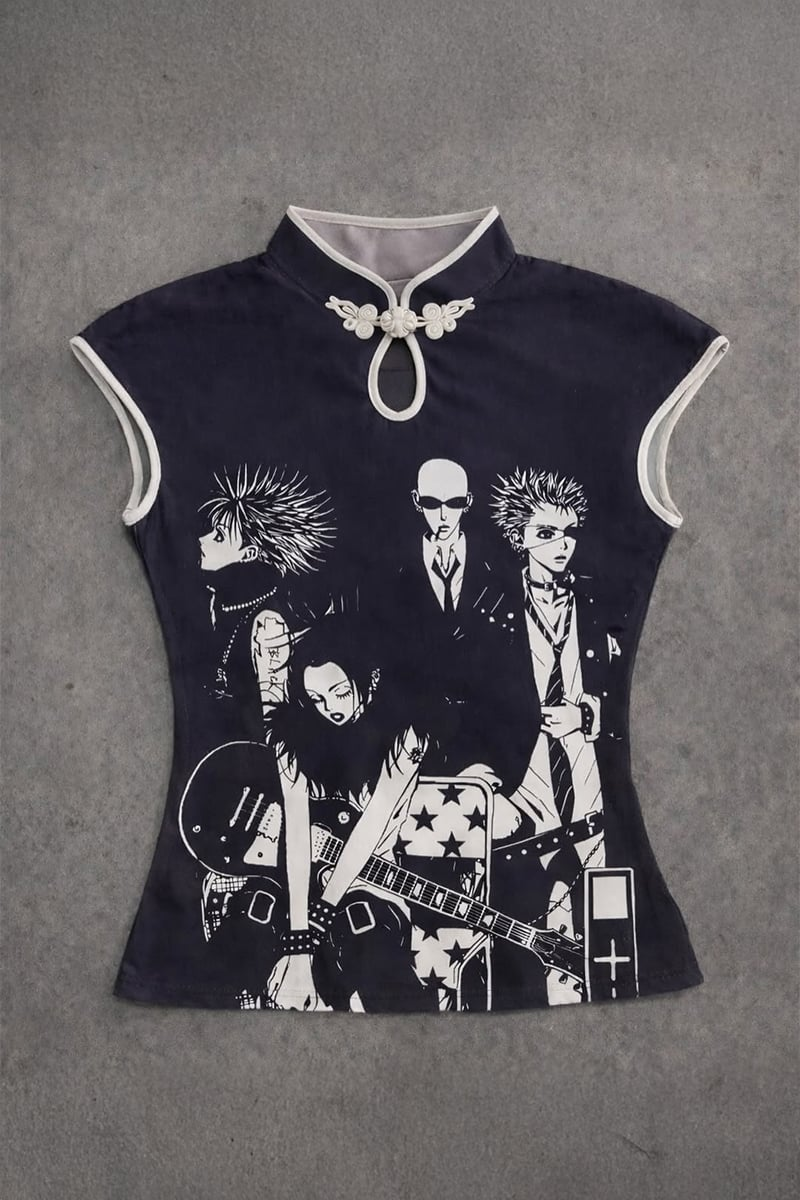 Siyah Anime Nana Qipao Vintage Y2K Kısa Kollu Crop