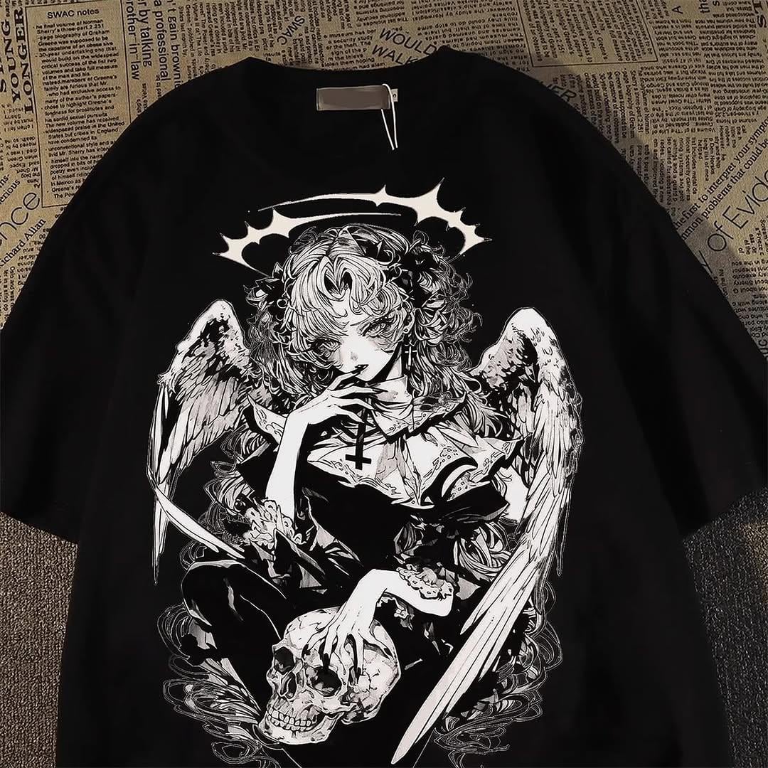 Siyah Anime Winged Gothic Kısa Kol Oversize T-Shirt