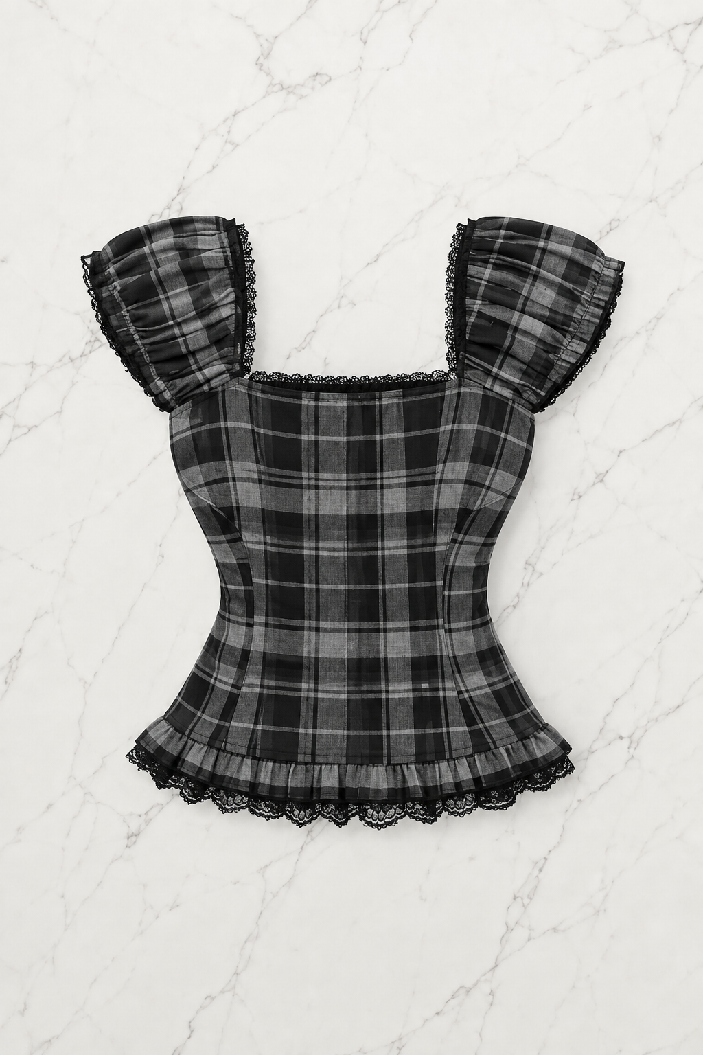 Siyah Antrasit Ekoseli Vintage Dantelli Kare Yaka Y2K Kısa Kollu Crop