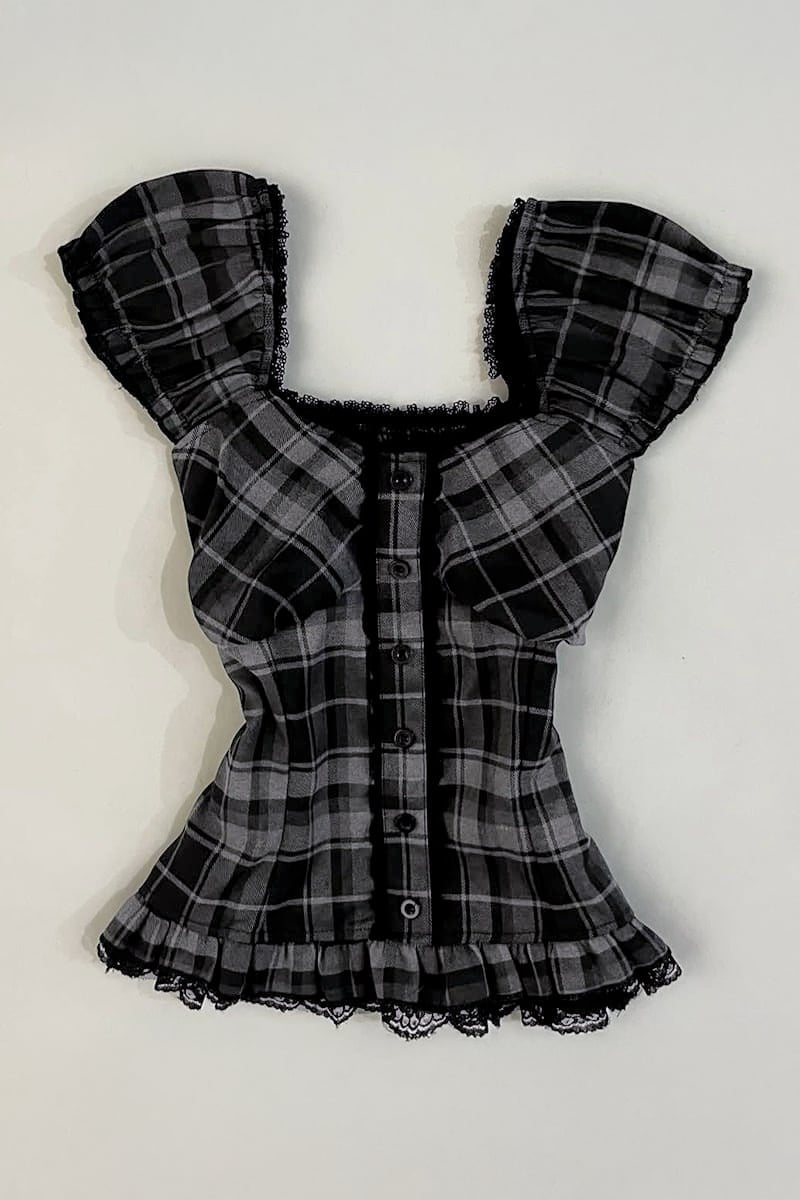 Siyah Antrasit Ekoseli Vintage Dantelli Kare Yaka Y2K Kısa Kollu Crop