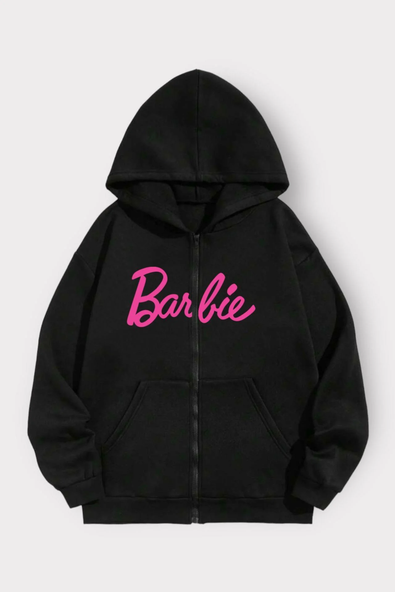Siyah Barbie Yazılı Unisex Kapüşonlu Fermuarlı Hırka