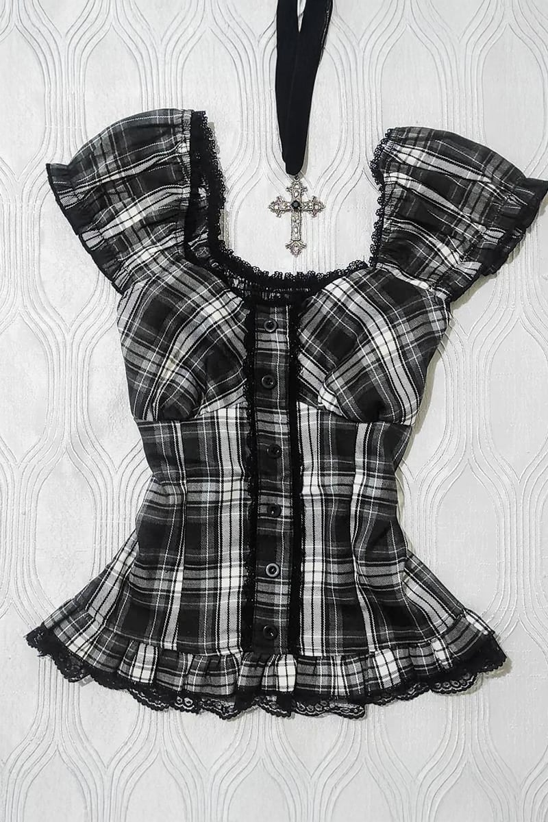 Siyah Beyaz Ekoseli Vintage Dantelli Kare Yaka Y2K Kısa Kollu Crop