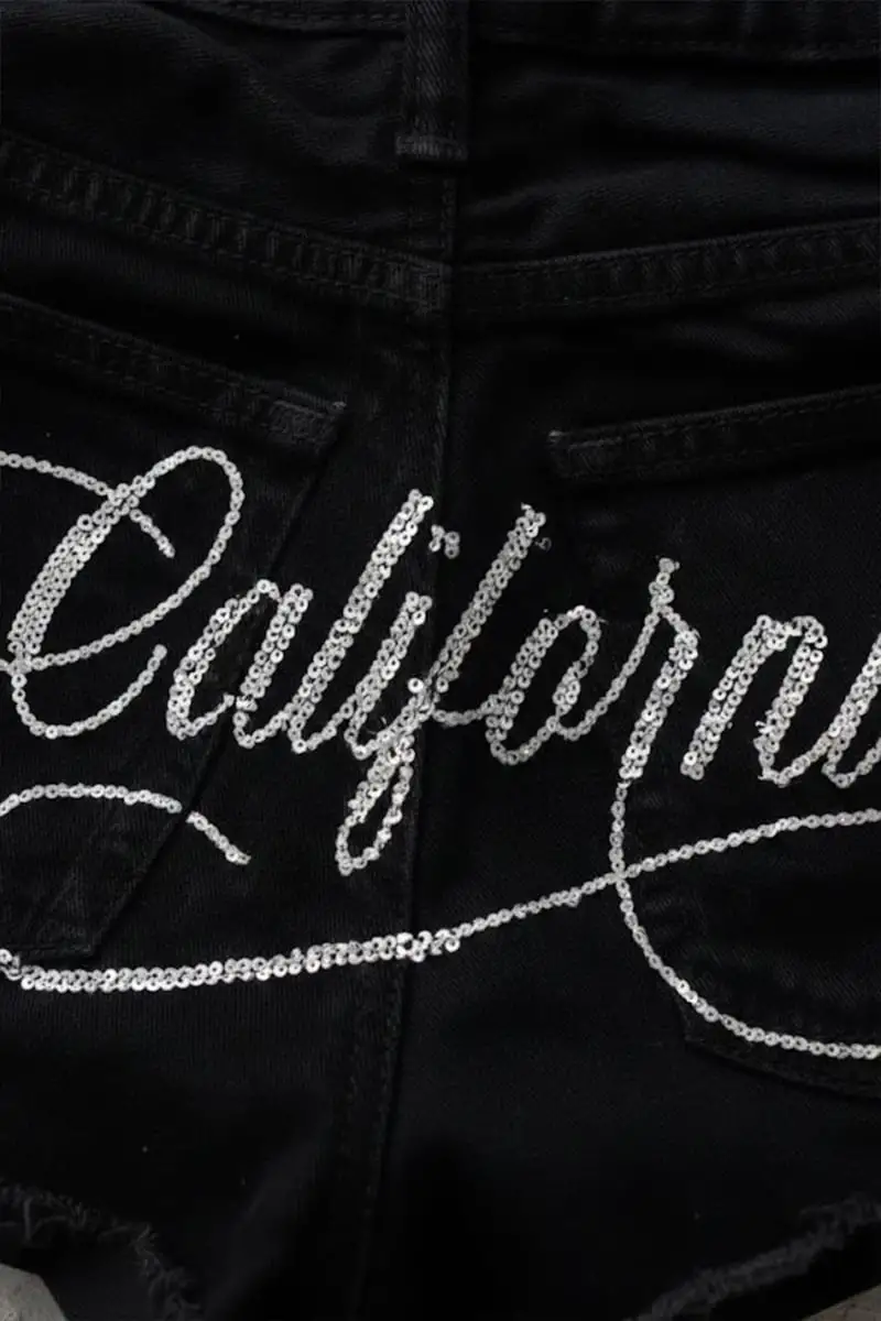 Siyah California Taşlı Y2K Mini Şort