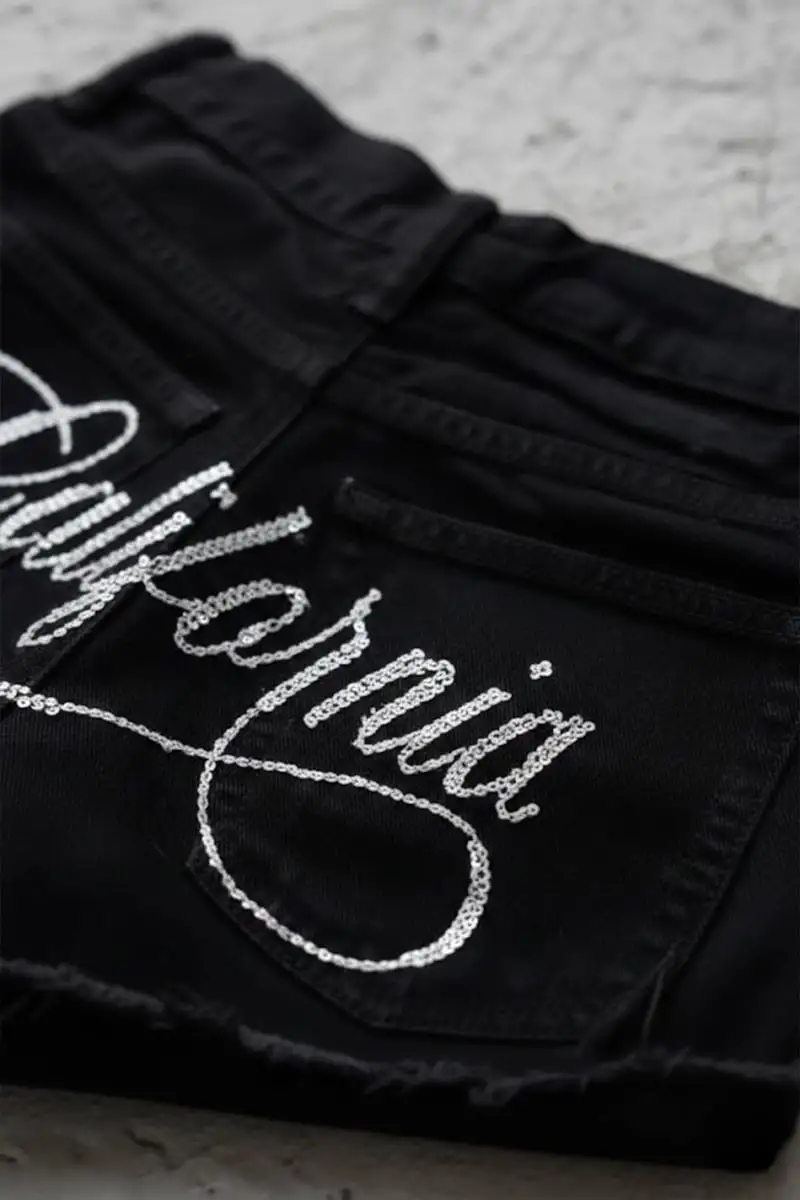 Siyah California Taşlı Y2K Mini Şort