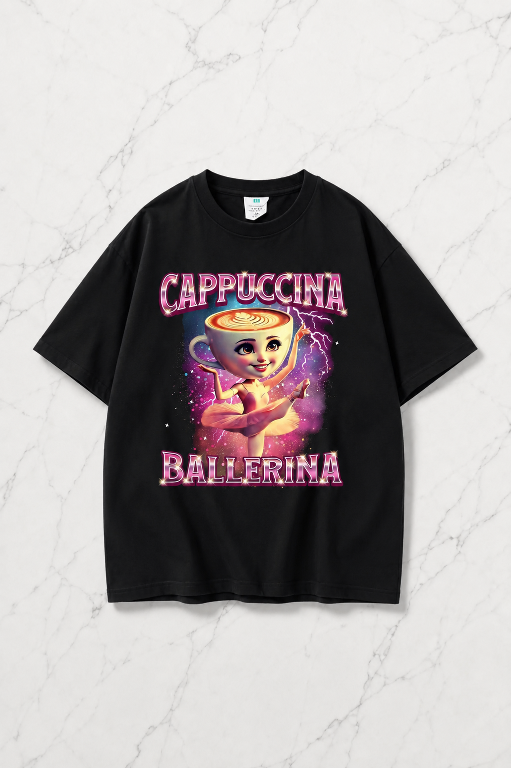 Siyah Cappuccino Ballerina Baskılı Yıkamalı Vintage Unisex Oversize T-Shirt